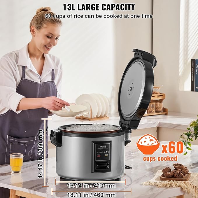 VEVOR Commercial Rice Cooker, 60-Cup Rice Cooker, 13.74 Qt / 13 Liter Large Rice Cooker and Warmer with Nonstick Inner Pot, Fast Cooking and 12-Hour Keep Warm, with Rice Cup and Paddle, for Restaurant