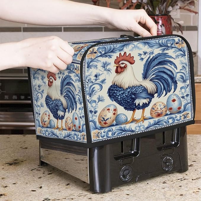 Toaster Cover 4 Slice, Easter Blue Cock Pattern Egg Anti Dust Protector for Bread Maker, Waterproof Kitchen Appliances Accessories