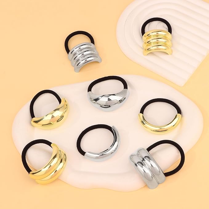 8pcs Gold and Silver Hair Ties for Women Metal Ponytail Holders Elastic Ties HairCuff Metal Geometric Scrunchies for Thick Thin Hair Fashion Accessories for Women Girls