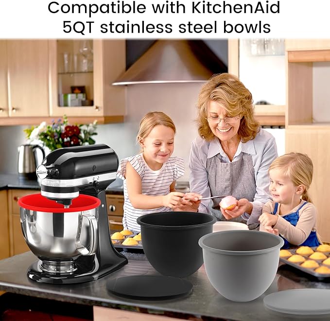 Silicone Mixing Bowl Liners Attachments Compatible with 5 Quart KitchenAid Mixers, Includes 3 Liners and Lids, Dishwasher Safe