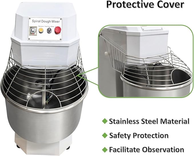 80L Commercial Dough Mixer Spiral Stand Mixer, Dual Speed & Dual Action, Stainless Steel Dough Kneading Machine, 72LB Dry Flour Capacity, for Bakeries Pizzerias, 220V, 3-Phase