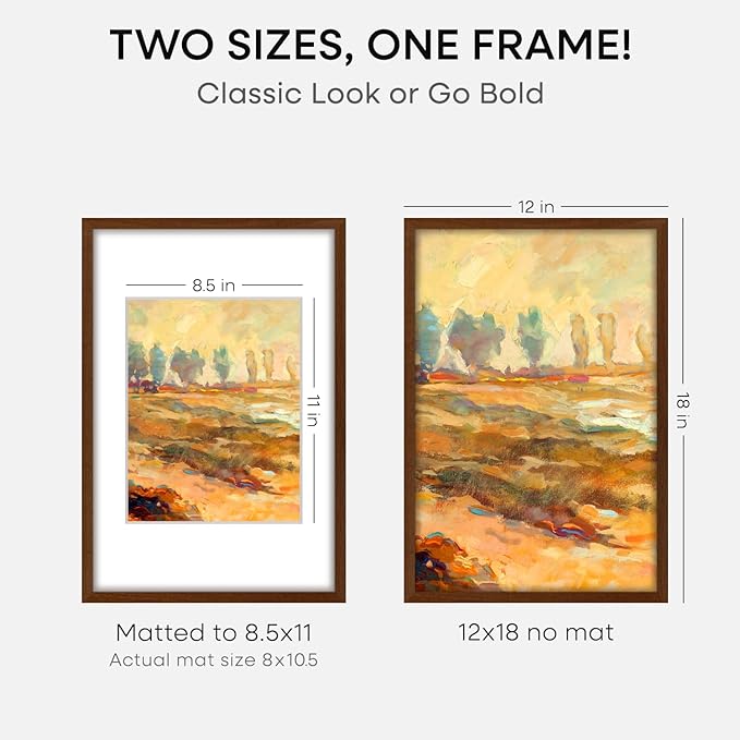 Homeforia 12 x 18 Walnut Wood Frame, High End Dark Oak 12x18 Brown Picture Frame with Mat 8.5x11 Photo, 12 x 18 Wooden Poster Frame Matted to 8.5 x 11, 18x12 Frames, Tempered Glass, Wall Kit, Set of 3