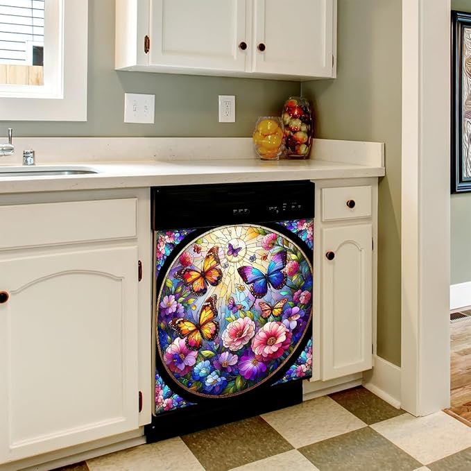 Dishwasher Magnet Cover Spring Butterfly Flower Front Dishwasher Cover Decoration Reusable Magnetic Door Cover Panel Decal Home Appliances Stickers Kitchen Refrigerator Fridge 23"x26"
