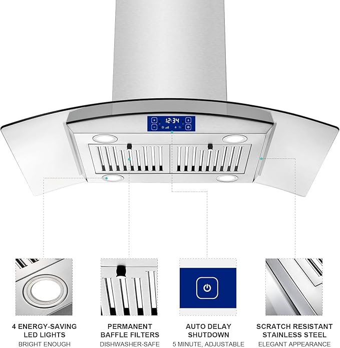 36 Inch Island Range Hood 700CFM Gesture & Touch Control Ceiling Mount Stainless Steel Ducted/Ductless Convertible, Ceiling Mount Vent Hood, Baffle Filter Exhaust Fan Extractor