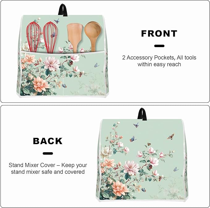 Stand mixer cover with handle and storage bag, reusable and washable, stylish retro floral design, keeps kitchen countertops clean and tidy (fits 6-8 quart mixers).