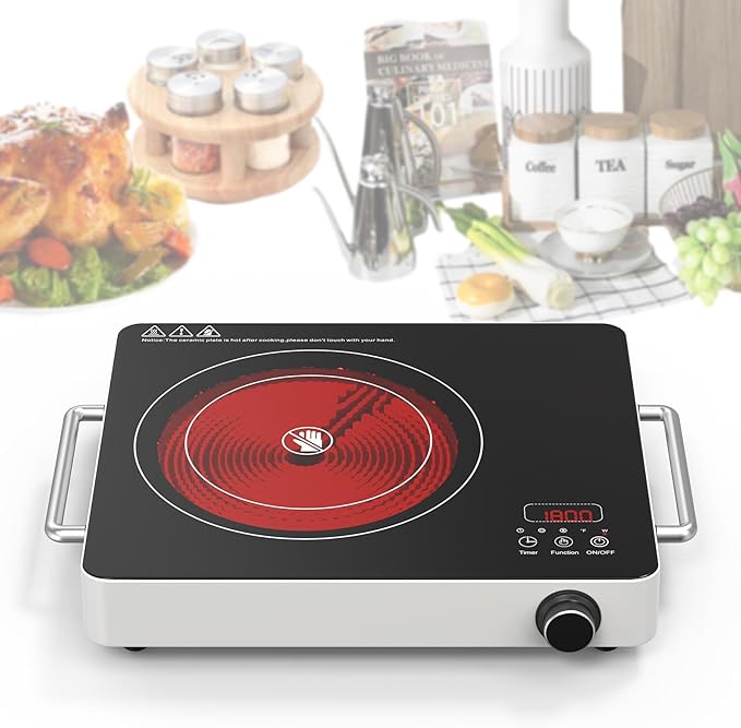 VBGK Electric Cooktop, 110V Touch and Knob Electric Stove Top, 1800W Single Burner With Handle, 9 Power Levels, Kids Safety Lock & 4H Timer, Portable, Black