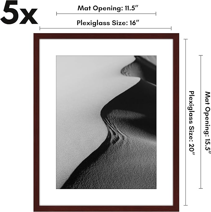 Americanflat 16x20 Picture Frame with Polished Plexiglass - Set of 5 - Use as 12x16 Frame with Mat or Display 16x20 Photo Without Mat - Galleria Collection - Picture Frames for Wall Display - Mahogany