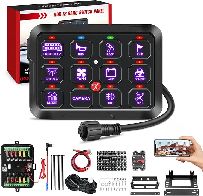 Nilight 12 Gang Switch Panel 12V 24V Universal Circuit Control Relay System with RGB Backlight APP Fuse Wiring Harness Automatic Dimmable ON Off LED Switches Pod for Car Pickup Truck Camper SUV