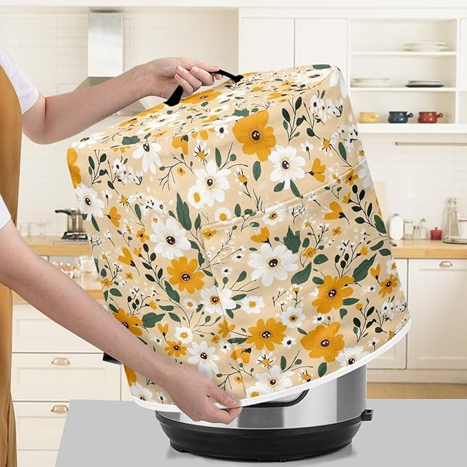 Kitchen Appliance Dust Cover for 3 Quart Pressure Cooker/Air Fryer/Rice Cooker Dust & Stains Protection Cover with Top Handle and Storage Pocket Yellow White Daisy Flowers