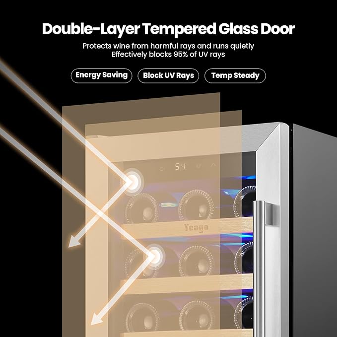 Yeego 15 Inch Wine Fridge Cooler - 33 Bottles Wine Cooler with Glass Door, 40-65℉ Built-In or Freestanding Refrigerator, Under Counter Wine Fridge for Kitchen Bar Office (Left-Hinged)
