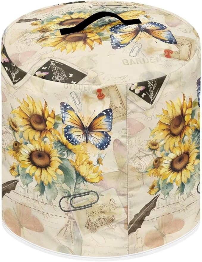Insulated Pressure Cooker Appliance Cover, Also Fit for Rice Cooker, Air Fryer and Crock Pot, 8 Qt Dust Cover with Pocket for Spoon/Cooking Utensils/Recipes, Butterfly Sunflower Retro