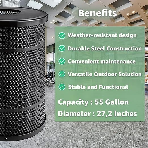 55 Gallon Perforated Recycle Container with Flat Lid, Steel Outdoor Heavy-Duty Commercial Trash Can, Black Round Waste Bin, Durable Garbage Can for Municipalities, Schools, Parks, Parking
