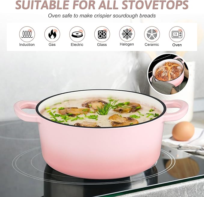 TeamFar Enameled Cast Iron Dutch Oven - 3QT Small Dutch Oven Pot with Lid - Heavy Duty Cast Iron Pot Cookware for Bread Baking, Braising, Stewing, Roasting, Pink