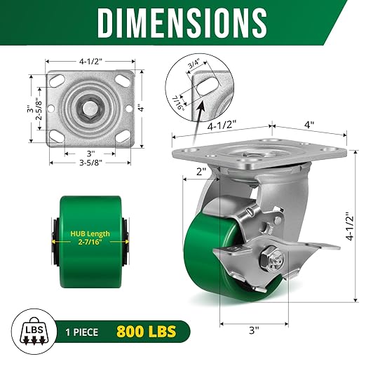 3 Inch Caster Wheels, Heavy Duty Caster with Strong Load-Bearing, Polyurethane Wheel on Steel Hub, Supports 800 lbs Each(4 Brake)