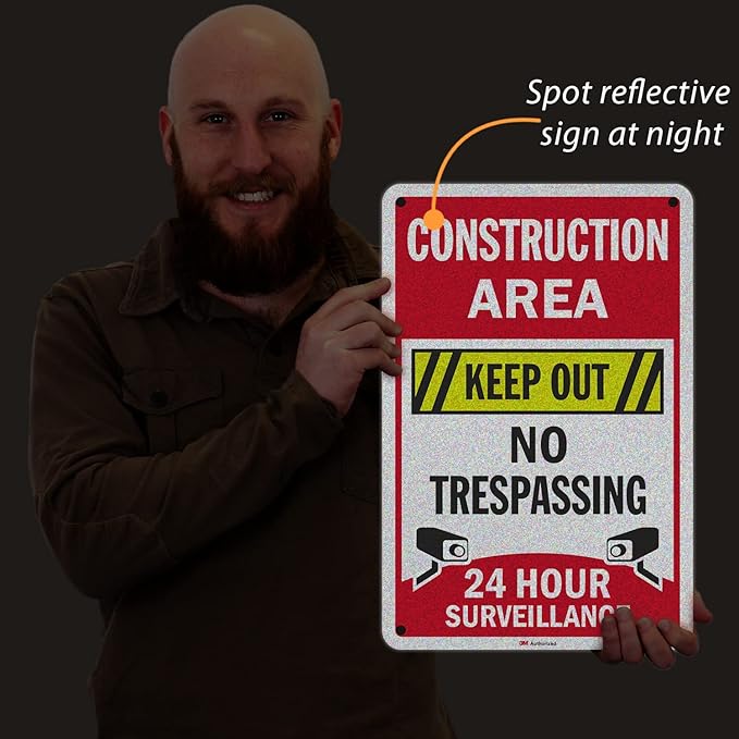 SmartSign 18 x 12 inch “Construction Area - Keep Out, No Trespassing, 24 Hour Surveillance” Metal Sign, 63 mil Aluminum, 3M Laminated Engineer Grade Reflective Material, Multicolor