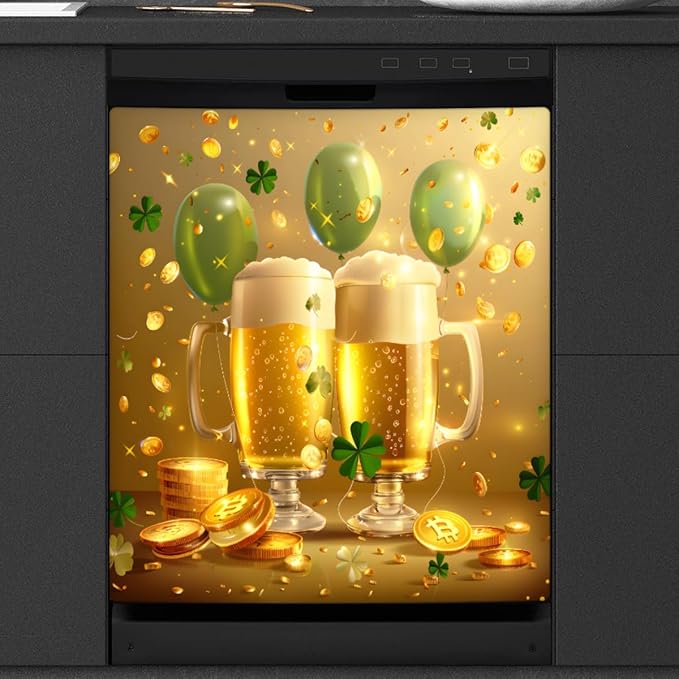 Beer Balloon Gold Coin Clover Dishwasher Magnet Cover, Reusable Refrigerator Panel Stickers Microwave Front Door Covers Magnets for Kitchen Home Appliances Holiday Party Decorations 23 X 26 in