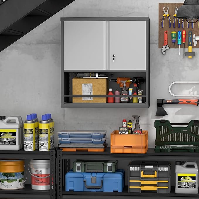 Wall Cabinet,Garage Cabinets Wall Mounted with Locking Doors,Hanging Cabinet with Adjustable Shelf,Floating Upper Storage Cabinet,Grey