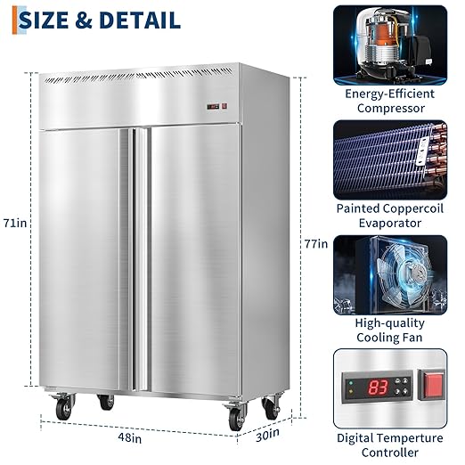 PeakPursuit 48" W Commercial Freezer -8°F~0°F,Reach-in 36 Cu.ft 2 Door Stainless Steel Commercial Refrigerator Fan Cooling,6 Adjustable Shelves, Auto Defrost,for Restaurant,Bar,Kitchen,Shop