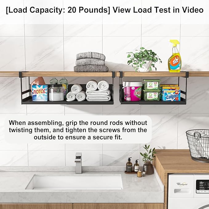 Expandable Under Cabinet Shelf Organizer with 0.94-Inch Thick Clips, Heavy Duty Extendable Under Shelf Storage Basket for Pantry or Laundry Room, Black, 2 Pack, Interior: 4.13" H x 7.2" D