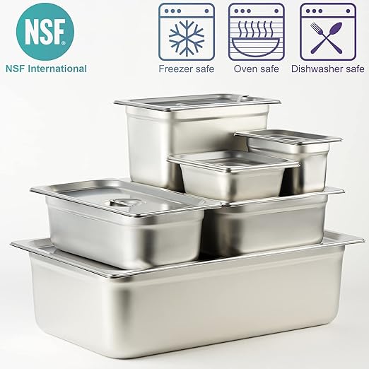 CURTA 6 Pack Anti-Jam Hotel Pans, 1/3 Size 2 1/2 Inch Deep, NSF Commercial 18/8 Stainless Steel Chafing Steam Table Pan, Catering Storage Metal Food Pan