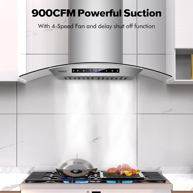 36 inch Wall Mount Range Hood 900 CFM Ducted/Ductless Convertible, Kitchen Chimney Vent Stainless Steel with Gesture Sensing & Touch Control Switch Panel, 2 Pcs Adjustable Lights