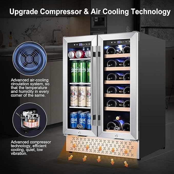 Tylza Wine and Beverage Refrigerator, 24 Inch Dual Zone Wine Fridge, Holds 18 Bottles and 88 Cans, French Doors, Lock, Under-counter or Freestanding Wine Cooler, Beverage Fridge with Tempered Glass