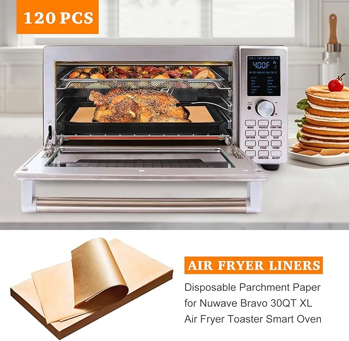 Air Fryer Liners Disposable Parchment Compatible with Nuwave Bravo xl Air Fryer Toaster Smart Oven, Baking Sheet Liners AirFryer Accessories for Nuwave 12-in-1 30qt Oven, 120 Sheets, 9x13 inches