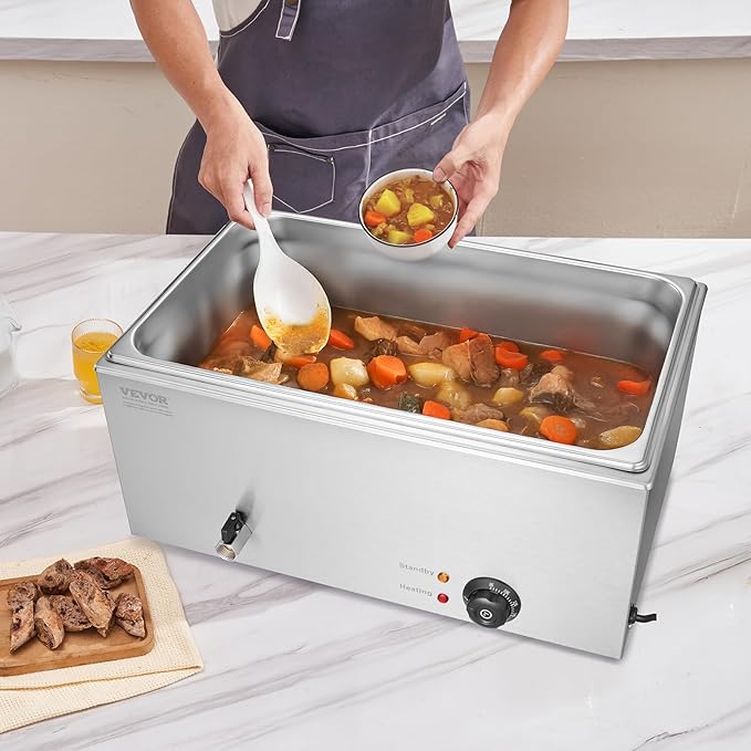 VEVOR Commercial Food Warmer, 1 Pan 24QT Electric Steam Table, 1200W Professional Countertop Stainless Steel Buffet Bain Marie with 86-185°F Temp Control for Catering and Restaurants, Silver