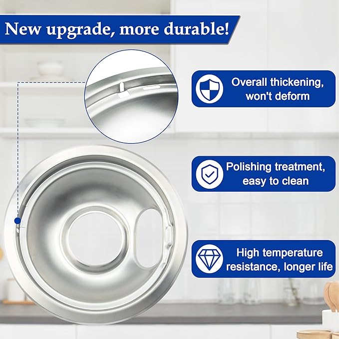 Stove Burner Covers,Chrome Replacement Drip Pans for Frigidaire Kenmore 316048413 and 316048414,4 pcs (3x6" and 1x8")