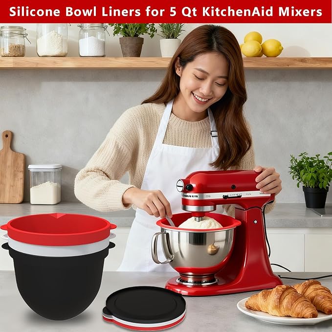 Silicone Liners for KitchenAid Tilt-Head 5QT Stand Mixers, 3 Colors Silicone Bowl Liners with Lids, Kitchen Aid Accessories and Attachments for Baking and Cooking, No Need for Replacement Bowls (3PCS)