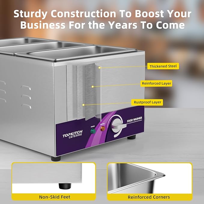 3-Pan 18L Commercial Food Warmer with Non-Leakage Stretch-Forming Water Tank &3 of 1/3 Size GN Pan,Countertop Soup Station Bain Marie Steam Table for Buffet,Catering,Parties and Restaurants