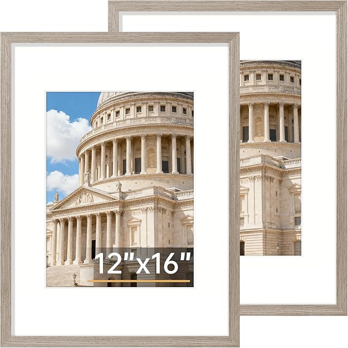 Vittanly 12x16 Picture Frame Set of 2, Solid Wood Frame for Wall Art Photo and Prints, Display Photo 8.5x11 with Mat or 12x16 without Mat, Light Brown