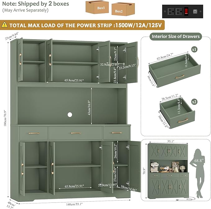 HOSTACK 71" Tall Pantry Cabinet with Charging Station, 55" Wide Kitchen Pantry Storage Cabinet with Countertop, Large Kitchen Hutch with Storage Drawers and Doors for Dining Room, Living Room, Green