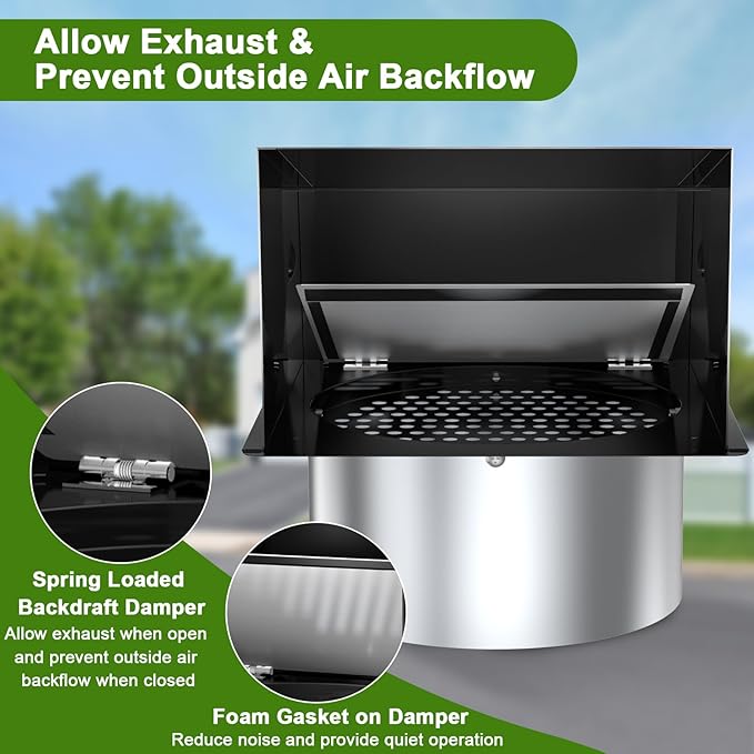 6 Inch Hooded Wall Vent, Dryer Wall Vent Cover Outside with Screen and Damper, Wall Exhaust Vent Cover, Outdoor Air Vent Cap for Range Hoods/Kitchen/Bathroom/Laundry/Basements/Garages, Black