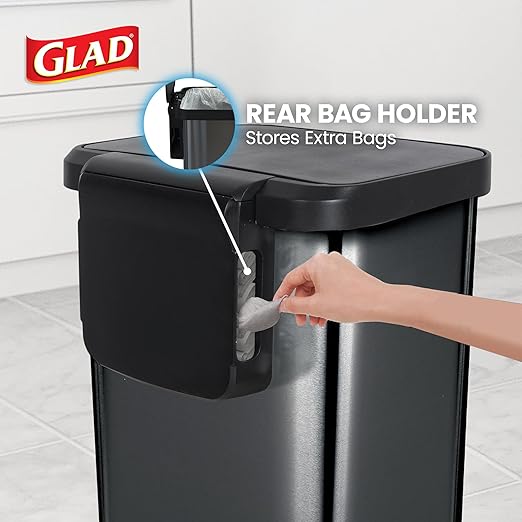 Glad Stainless Steel Step Trash Can with Clorox Odor Protection | Large Metal Kitchen Garbage Bin with Soft Close Lid, Foot Pedal and Waste Bag Roll Holder, 13 Gallon, Pewter