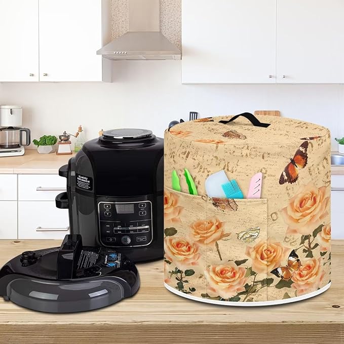 Flashideas Rose Butterfly Dust Cover with Pocket for Instant Pot, Rice Cooker and Air Fryer, Round Pressure Cover Dust-Proof Stain Resistant Electric Appliance Cover Easy to Clean
