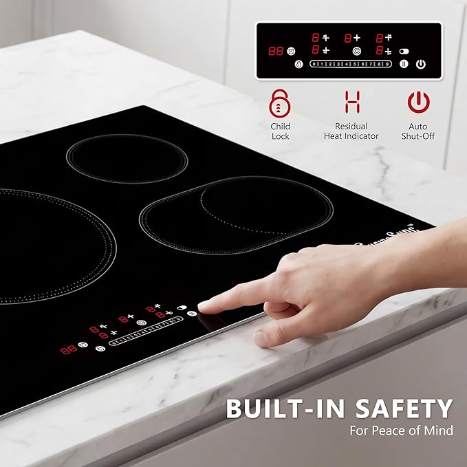 36″ Built-In Electric Cooktop – 5 Burner Ceramic Glass Stove, 9200W High Power, Precise Touch Control, 9 Heat Levels, Child Lock, Timer & Residual Heat Indicator, 220–240V Hard-Wired
