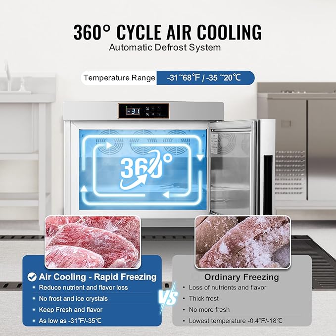 VEVOR 32L Blast Freezer, 4 Trays Commercial Freezers Flash,<-31~68°F> Mini Countertop Shock Frozen for Home, 360° Fan Cooling Batch Freeze, 304 Stainless Steel Blast Chiller for Seafood, Ice Cream