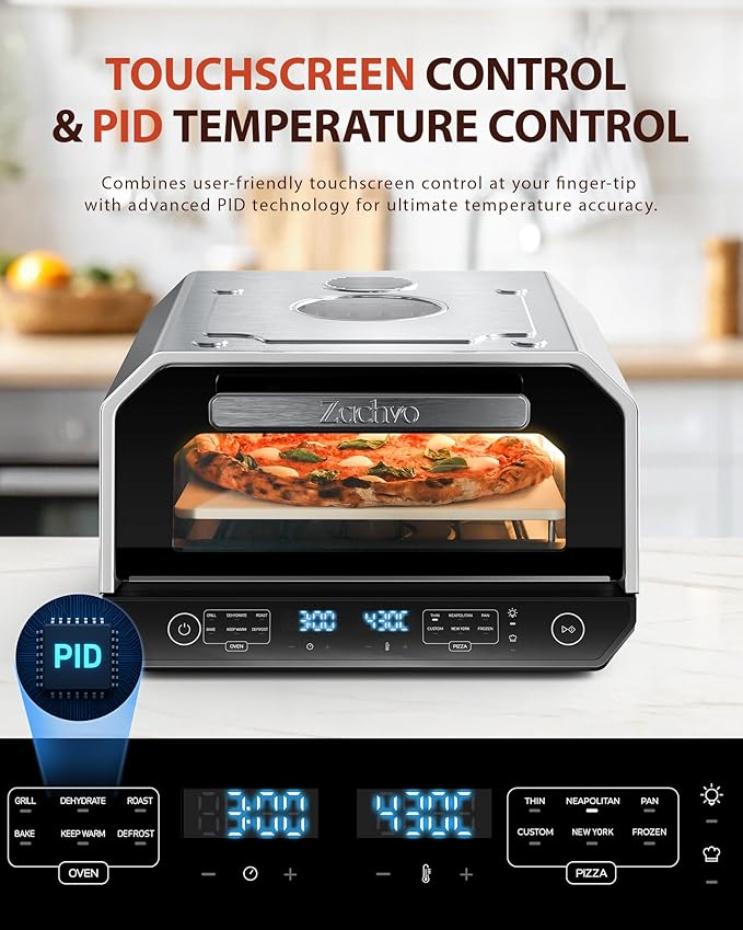 Indoor Pizza Oven, Makes 12 Inch Pizzas in 90 Seconds, Heats up to 850°F Countertop Pizza Oven, 6 Touchscreen Presets Electric Pizza Oven for Kitchen, Baking Tray & Pizza Stone Peel Included-Silver