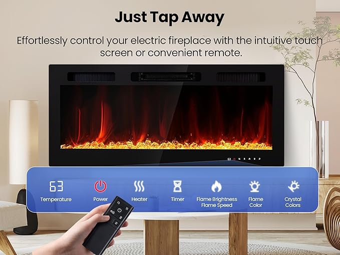 Electric Fireplace 50 Inch Wall Mount Insert Fireplaces Realsmart 1500W,Fit for 2 X 6 stub,Ultra-Thin Heater Ultra-Thin with 3 Heating Modes Timer 12 Adjustable Flame Colors Touch Remote Control
