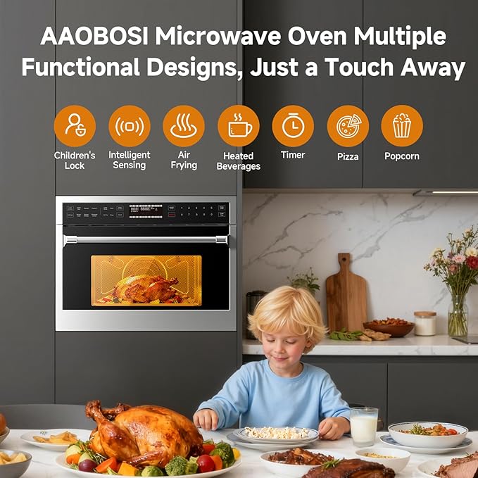 AAOBOSI 24 Inch Built in Microwave Oven,1.6 Cu.Ft Wall Microwave Convection Ovens Air Fryer Combos, 1000Watt Power Sensor&Auto Cook, 10 Cooking Modes, Drop Down Door,Stainless Steel