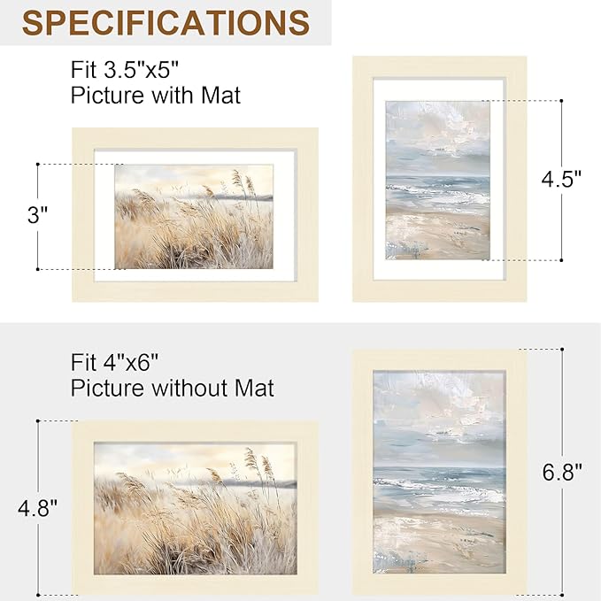 Vittanly 4x6 Picture Frame Set of 2, Solid Wood Frame for Wall or Tabletop, Display Photo 3.5x5 with Mat or 4x6 without Mat, White
