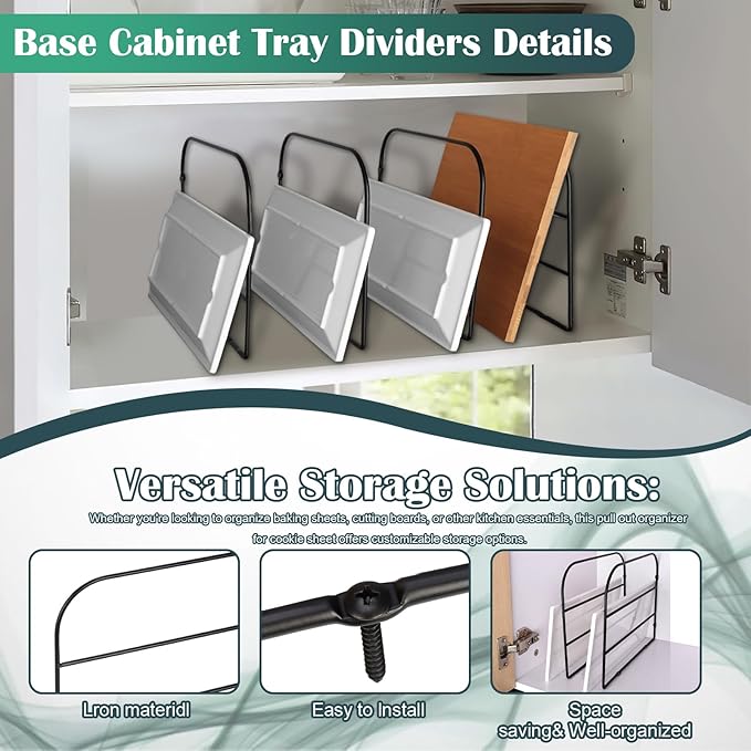 4 Pack Base Cabinet Tray Dividers 12x9 Inches Black Metal Sheet Rack Organizer Bakeware Container for Wall Base Kitchen Cabinets (4)