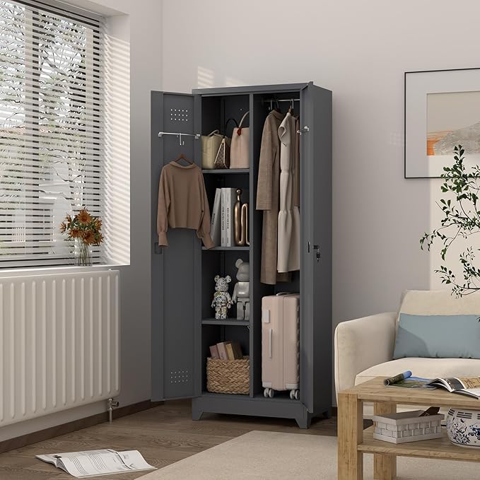 GREATMEET Broom Closet, Broom Closet Cabinet with Pegboard and Hanging Rod, Cleaning Supplies Storage Cabinet for Bathroom, Garage