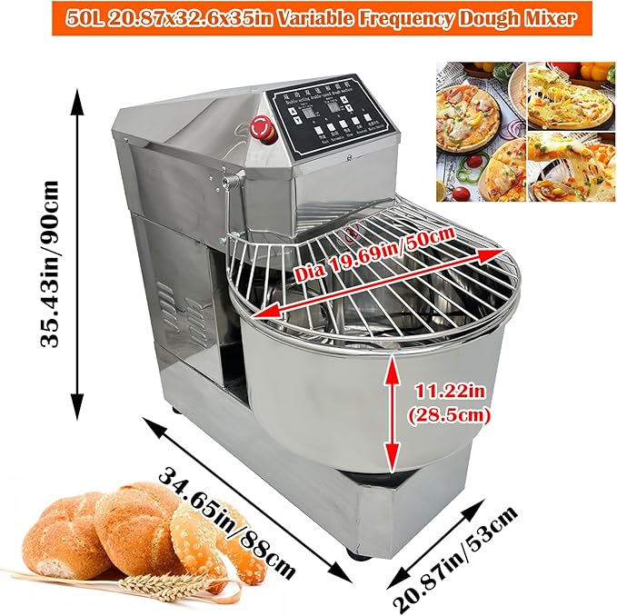 Stand Dough Mixer 50L Stand Dough Spiral Mixer with Double-acting Double-speed, Heavy Duty Dough Machine, Variable Frequency Food Mixer for Pizza Bread Restaurant Bakeries Kitchen
