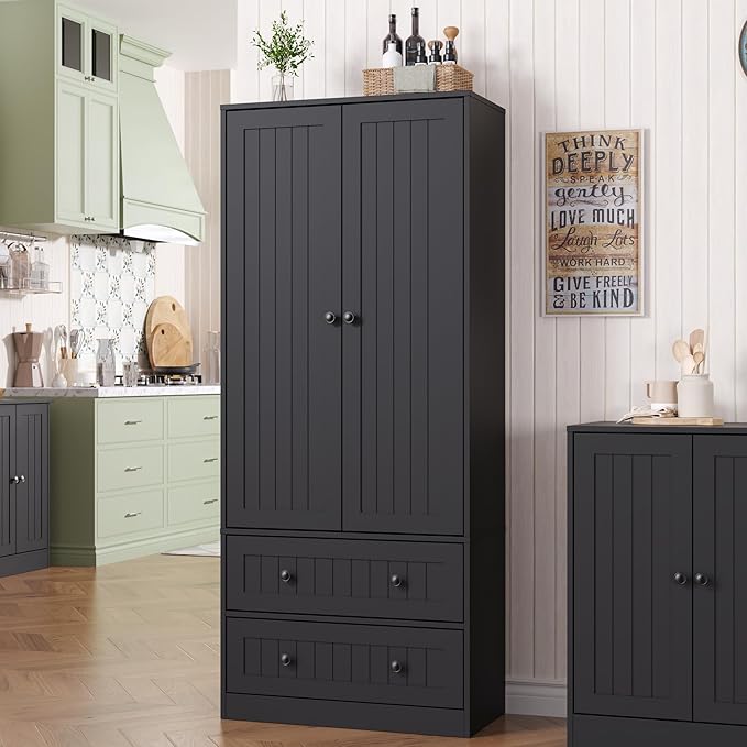 65" H Storage Cabinet, Farmhouse Kitchen Pantry Cabinet with 2 Doors & Adjustable Shelf, Handbag Storage Organizer for Living Room, Bathroom, Kitchen, Black