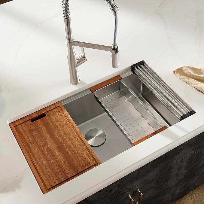 Ruvati 32-inch Round Corner Undermount 16 Gauge Stainless Steel Workstation Kitchen Sink Single Bowl – Soundproof Multifunction Chef Sink with Cutting Board & Accessories – RVH8301