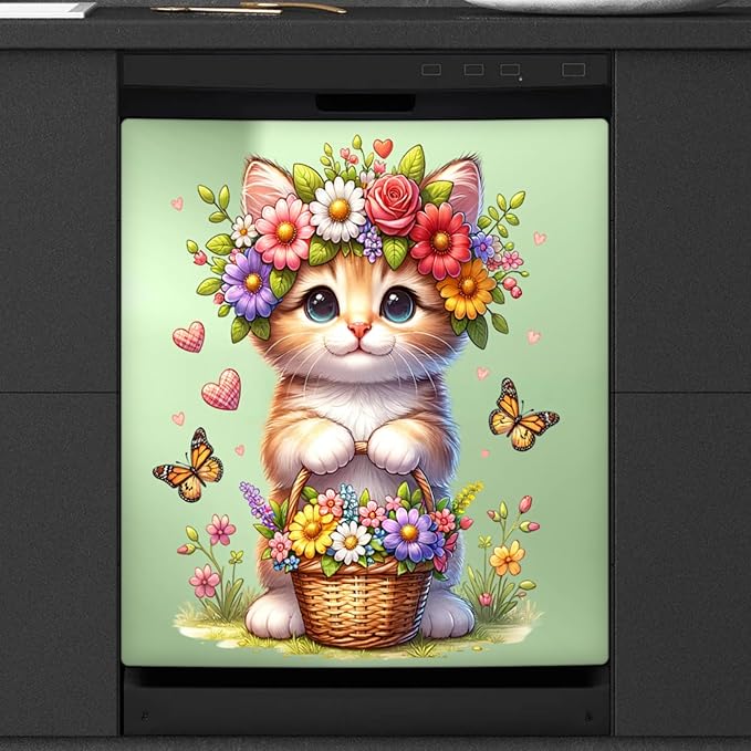 cat Flower sage Green Dishwasher Magnet Cover for The Front Dishwasher Door Cover Panel Decals Magnetic Refrigerator Cover for Kitchen Farmhouse Home Decor 23 X 26 in