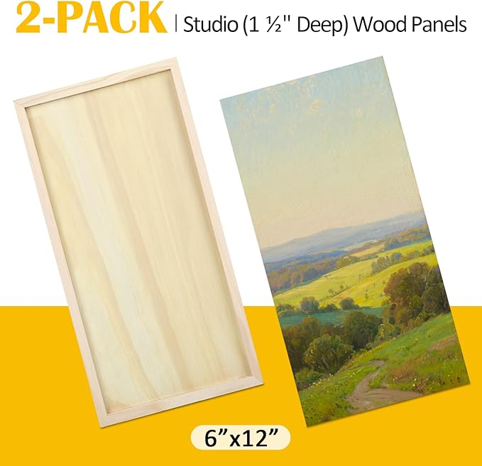 Falling in Art 2 Pack Unfinished Wooden Canvas Panels, 6x12 Gallery Birch Wood Panels Kit, 1 1/2" Deep Art Cradle Boards for Acrylic Painting, Pouring and Burning