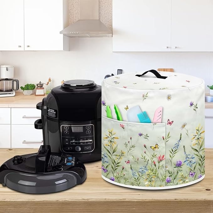 Dust Cover for 8 Quart Pressure Cooker and Extra Accessories, Dust Proof Easy to Clean Cover Electric Appliance Air Fryer Accessories with Storage Pocket, Floral Green